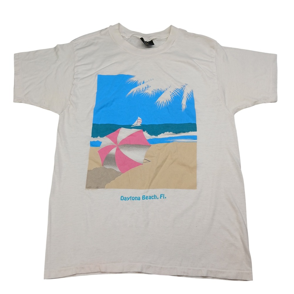 Vintage 1987 Daytona Beach FL T Shirt Sneakers Single Stitch White Large 80s USA